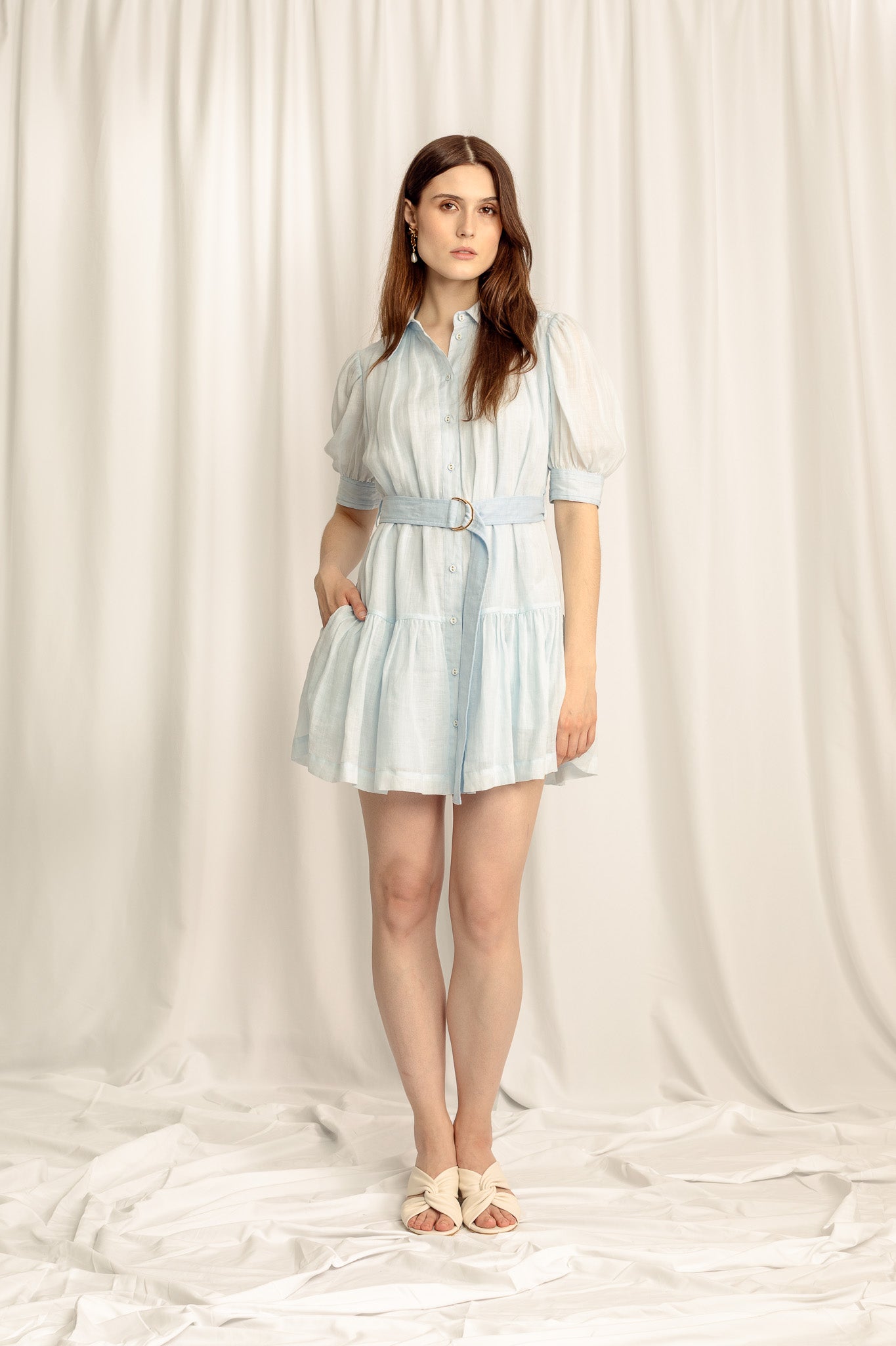 Faye Mini Ramie Shirt Dress - Powder Blue  Colleen Collective