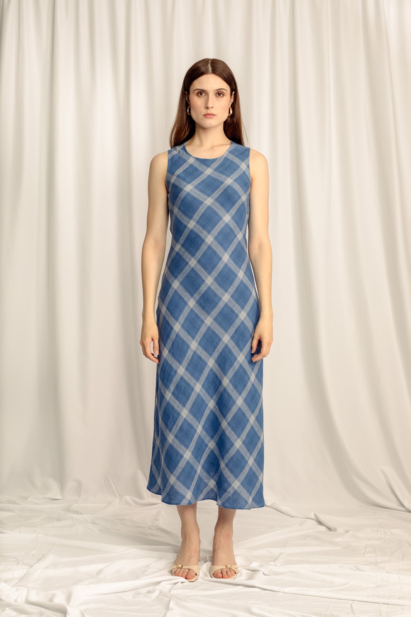 Lumina Linen Midi Dress - Classic Blue Plaid Colleen Collective Lumina Linen Midi Dress - Classic Blue Plaid Colleen Collective