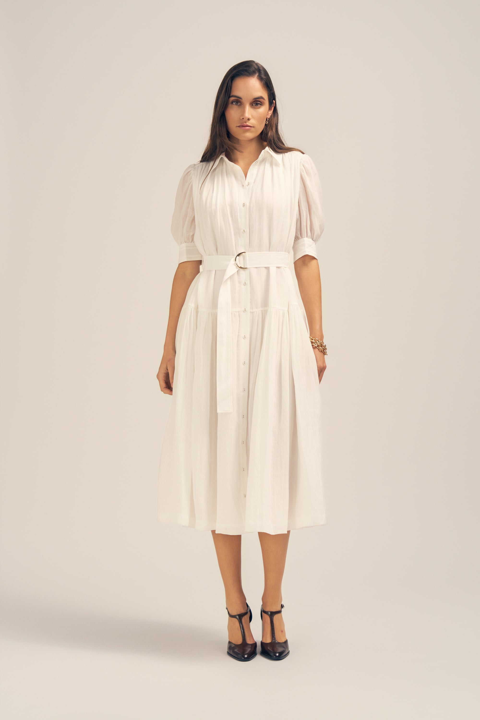 knee length dresses for ladies EDITH WHITE DENIM FITTED MIDI SHIRT DRESS | CULT MIA main image 1