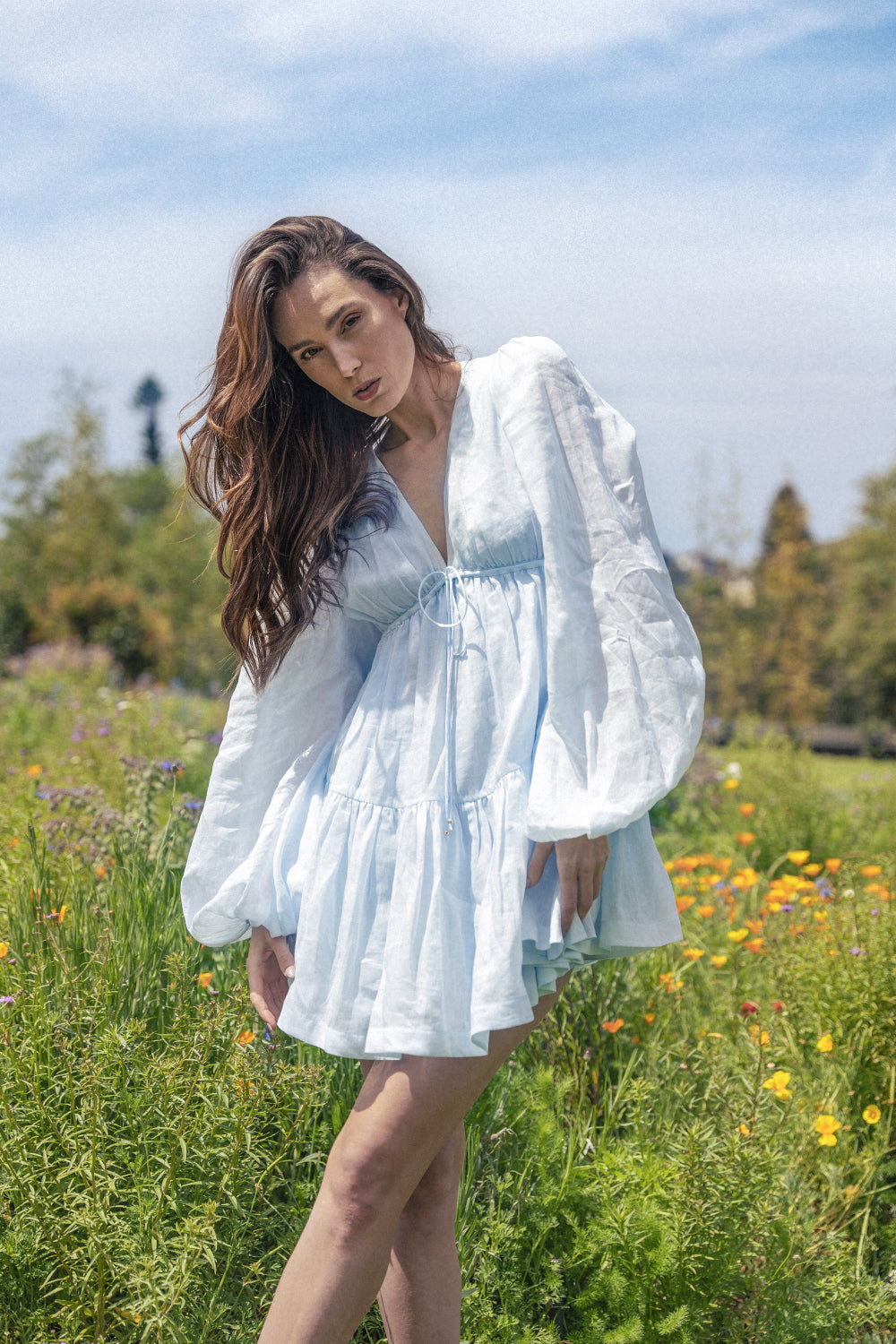 Petal Light Blue Ramie Mini Dress Colleen Collective Petal Light Blue Ramie Mini Dress Colleen Collective