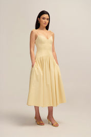 Evette Butter Yellow Cotton Midi Dress Sweetheart Neckline