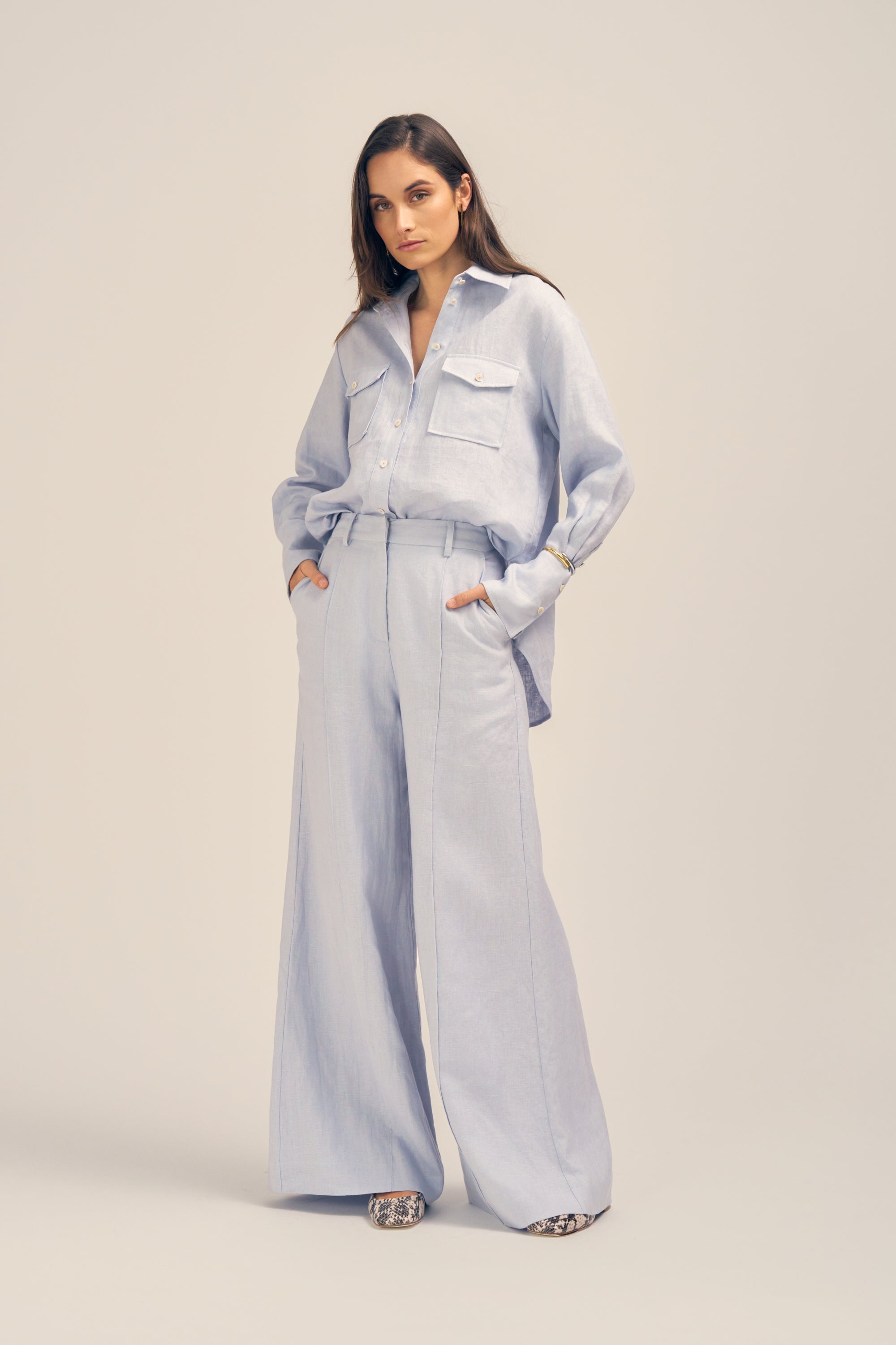 Ardent Chalk Blue Linen Wide Leg Pants Front