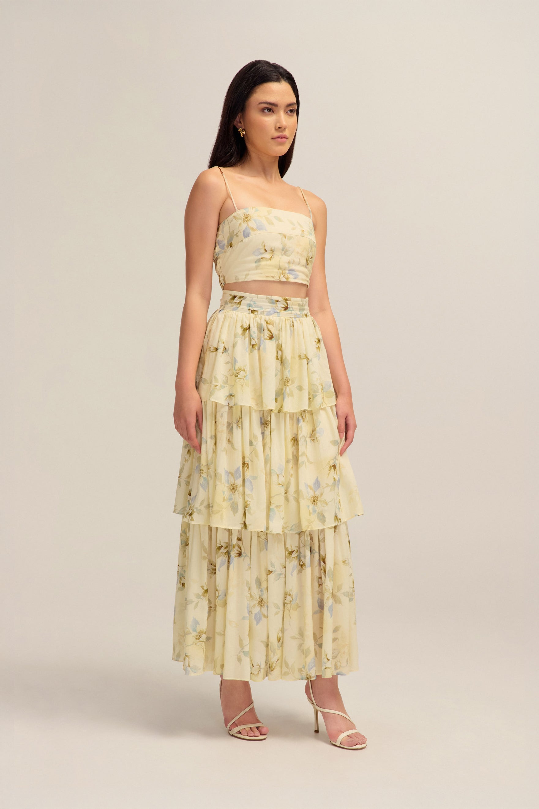Augustine Floral Crop Top Tie Straps Elastic Beads