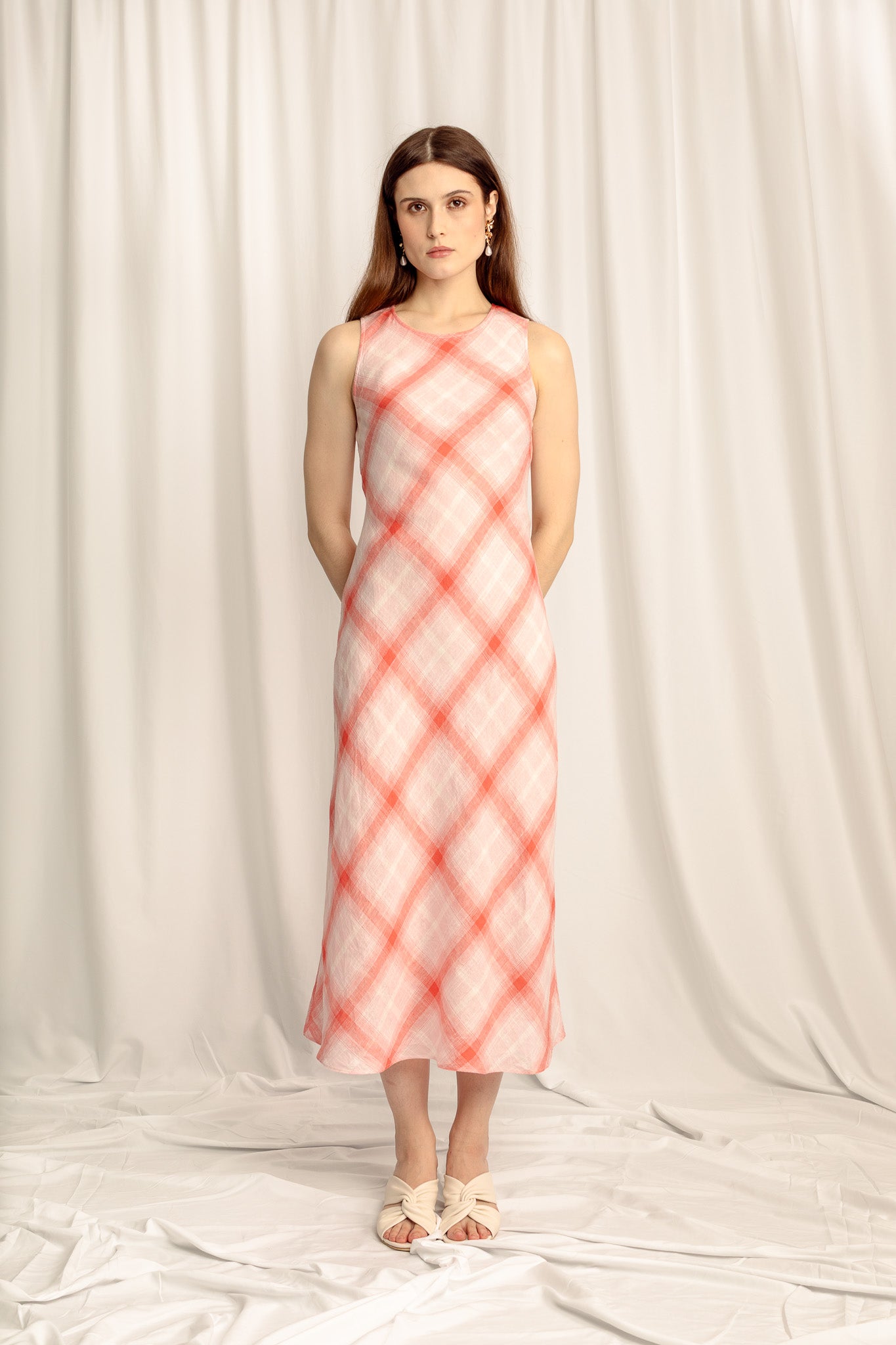 Lumina Linen Midi Dress - Strawberry Plaid Colleen Collective Lumina Linen Midi Dress - Strawberry Plaid Colleen Collective