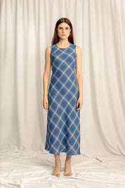 Lumina Linen Midi Dress - Classic Blue Plaid