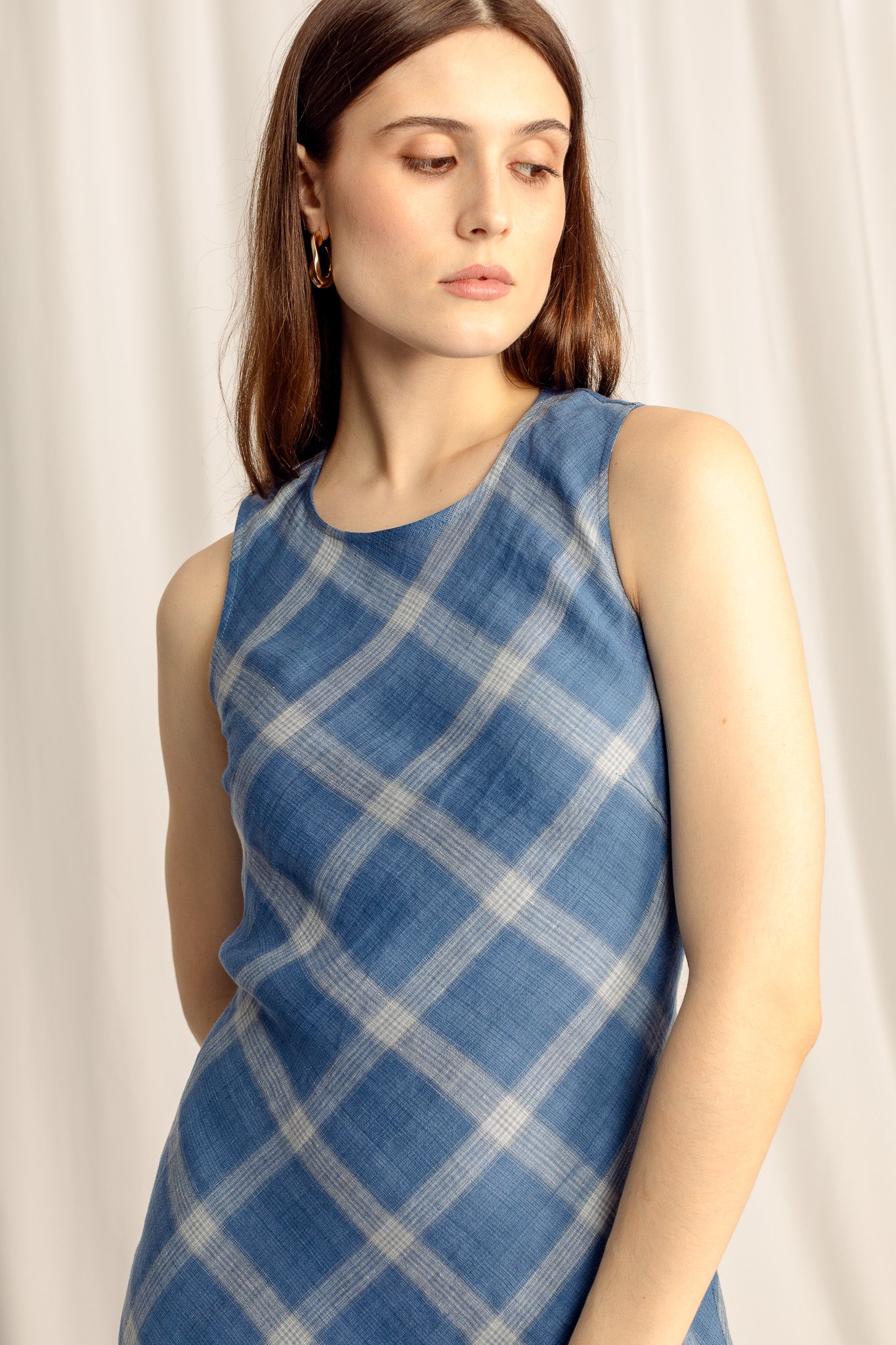 Lumina Linen Midi Dress - Classic Blue Plaid Colleen Collective Lumina Linen Midi Dress - Classic Blue Plaid Colleen Collective