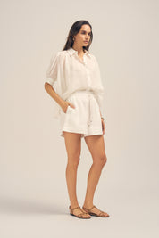 Cordelia White Ramie Drawstring Shorts Side