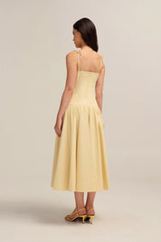 Evette Butter Yellow Cotton Midi Dress Sweetheart Neckline