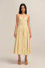 Evette Butter Yellow Cotton Midi Dress Sweetheart Neckline