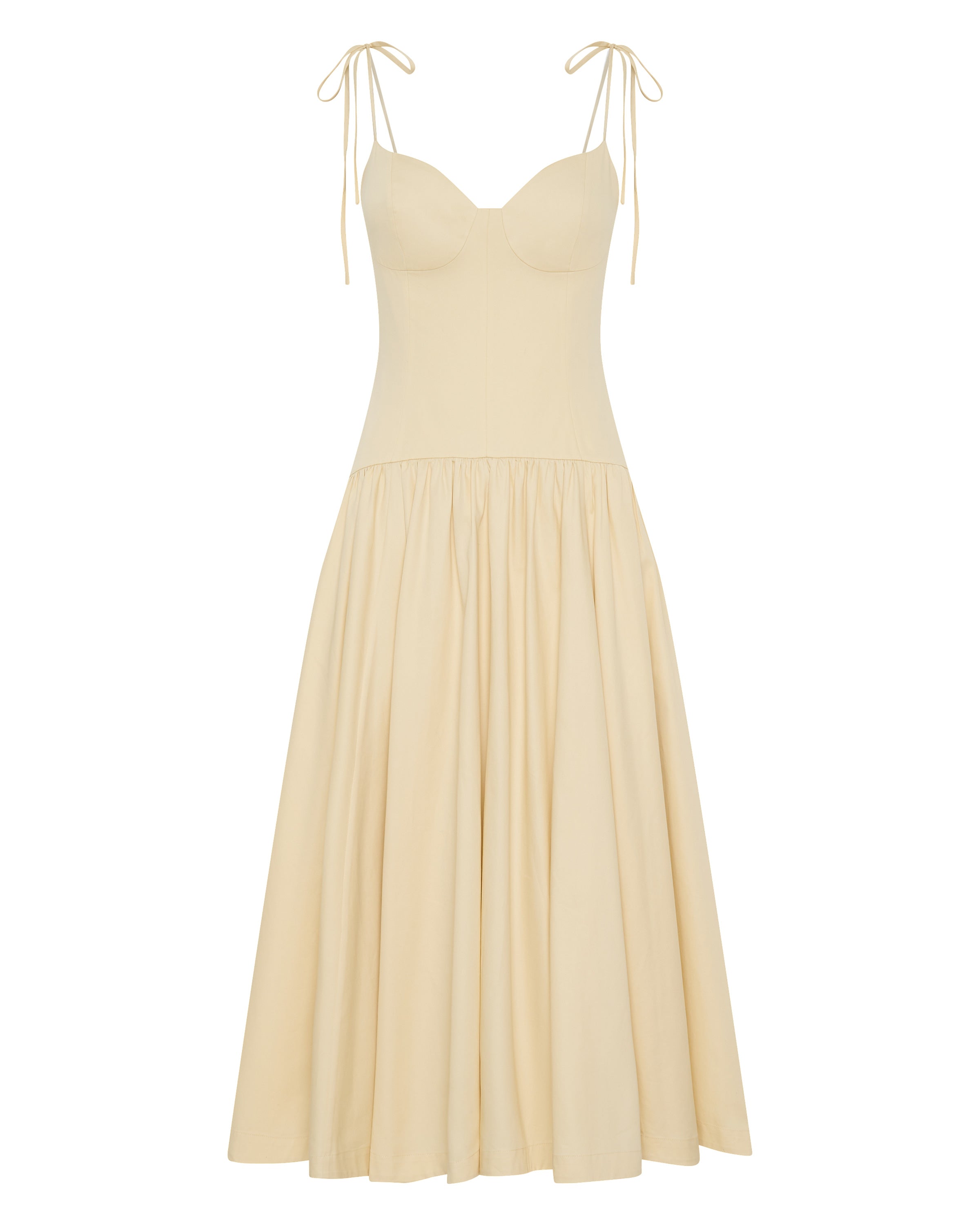 Evette Butter Yellow Cotton Midi Dress Sweetheart Neckline