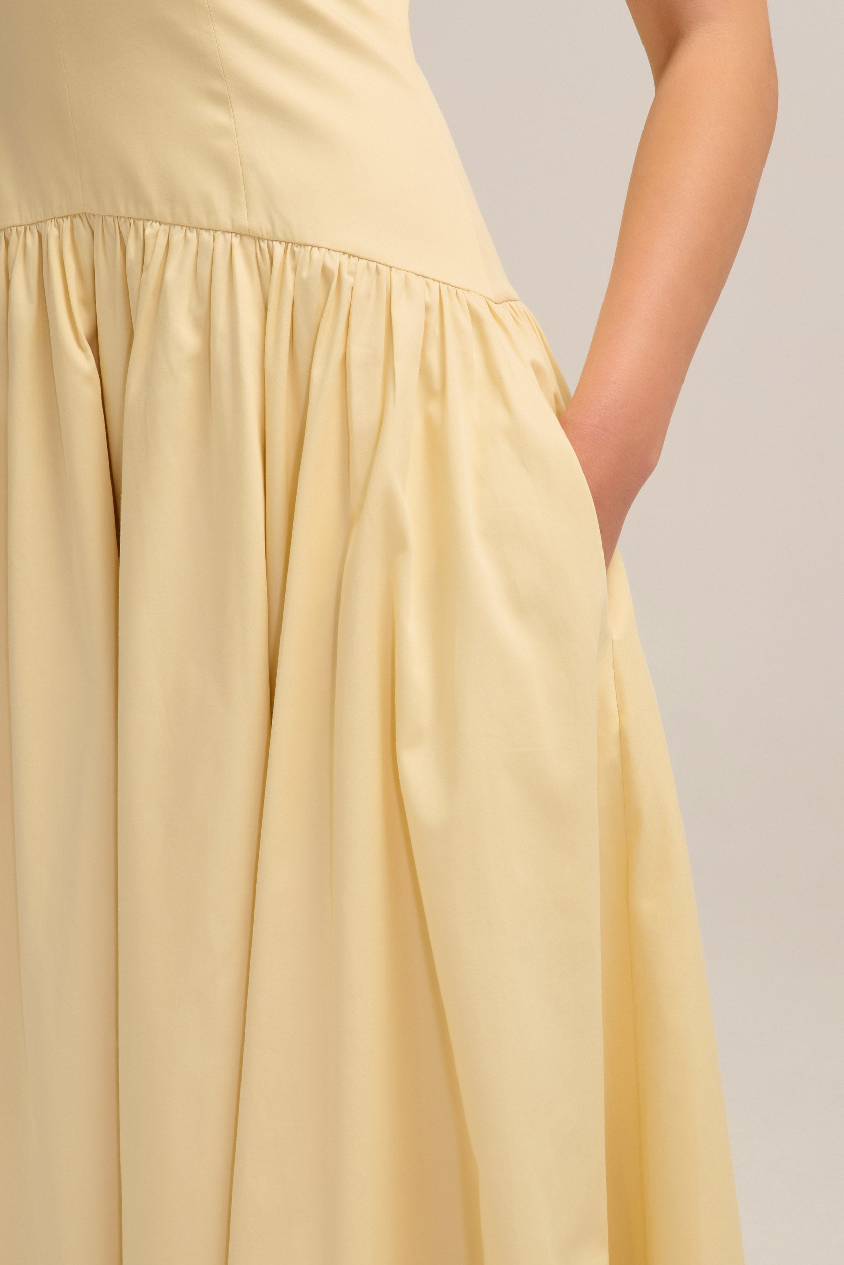 Evette Butter Yellow Cotton Midi Dress pockets