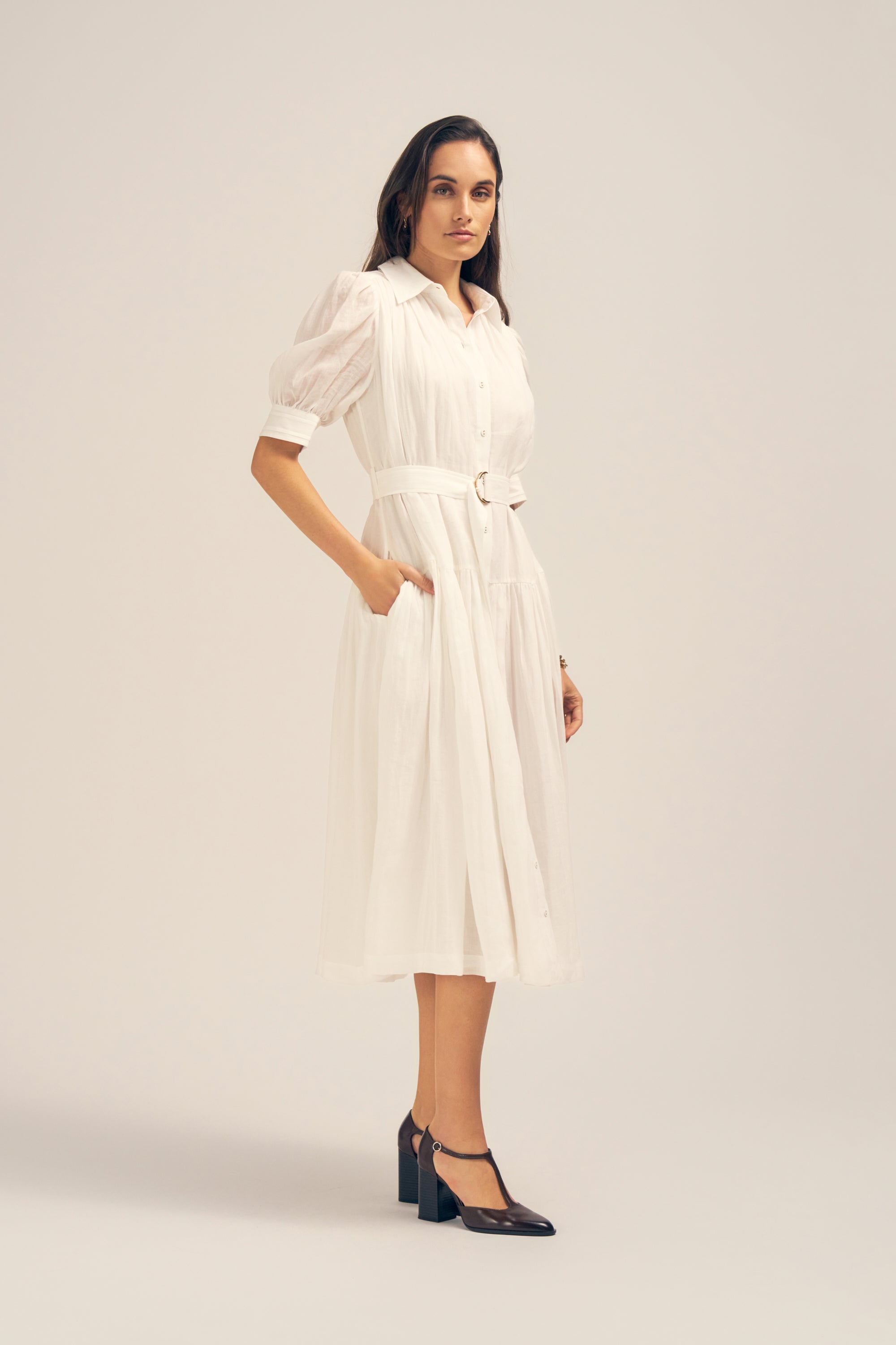 white midi shirt dress with sleeves White Midi Dress, Shirt Dress, Wedding Guest Dress, Fit and Flare Dress, Bridesmaid Dress, Button Front Dress, Custom Party Dress 3376#