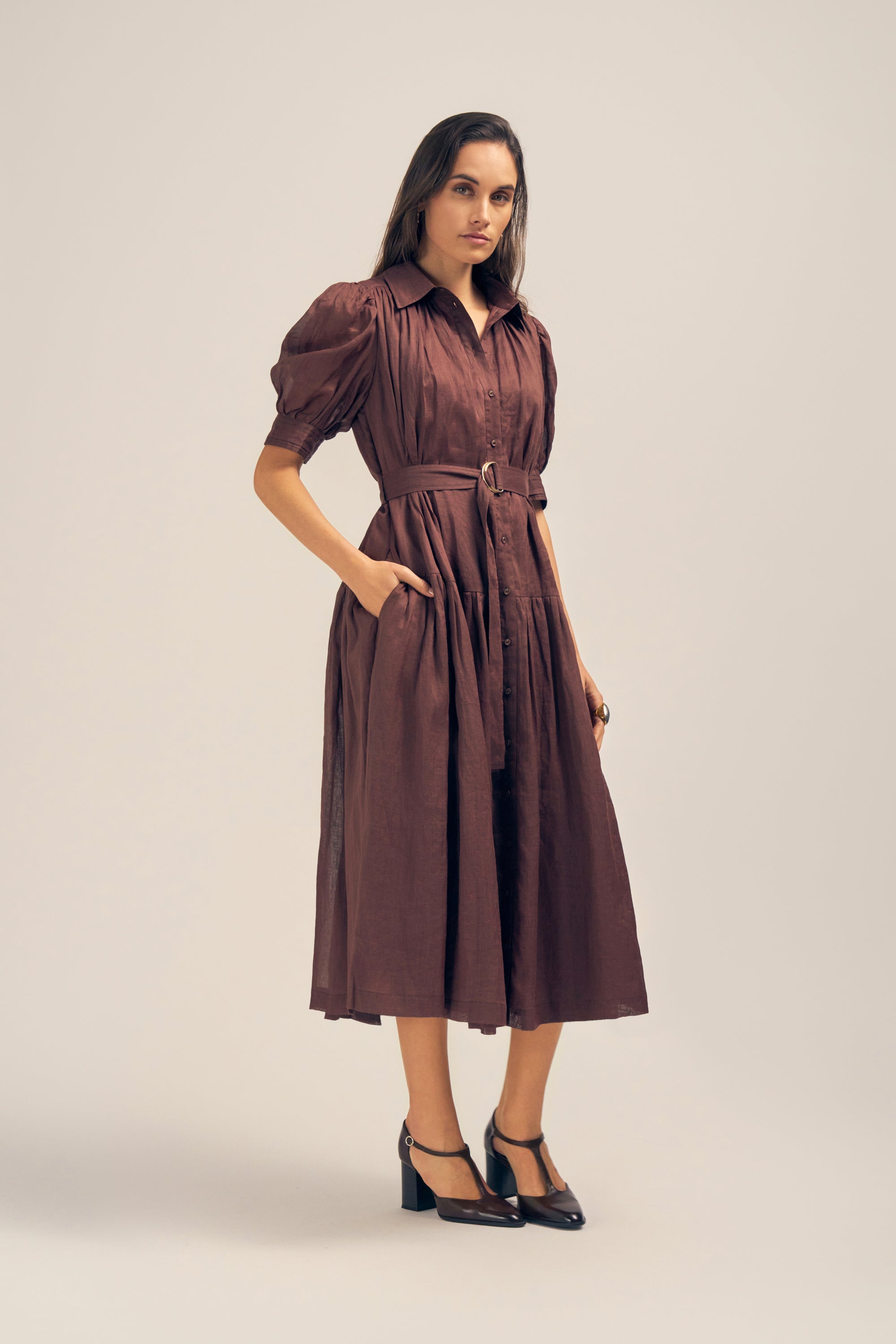 Faye Midi Shirt Dress Ramie Raisin Side