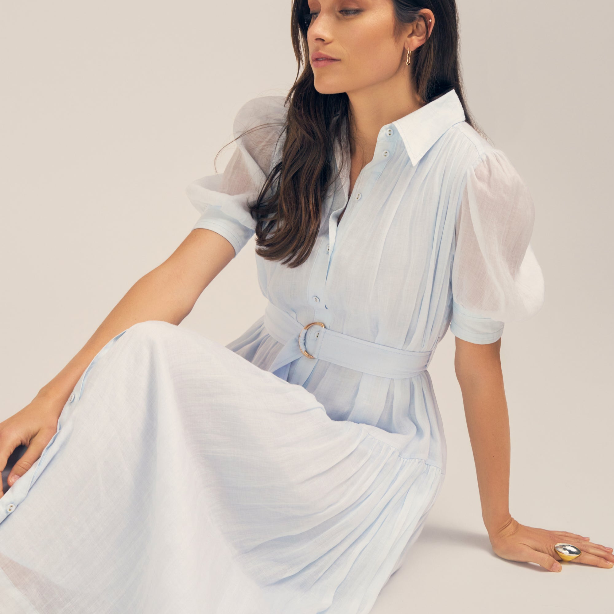 Faye Powder Blue Ramie Midi Shirt Dress Editorial