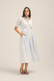 Faye Powder Blue Ramie Midi Shirt Dress Front