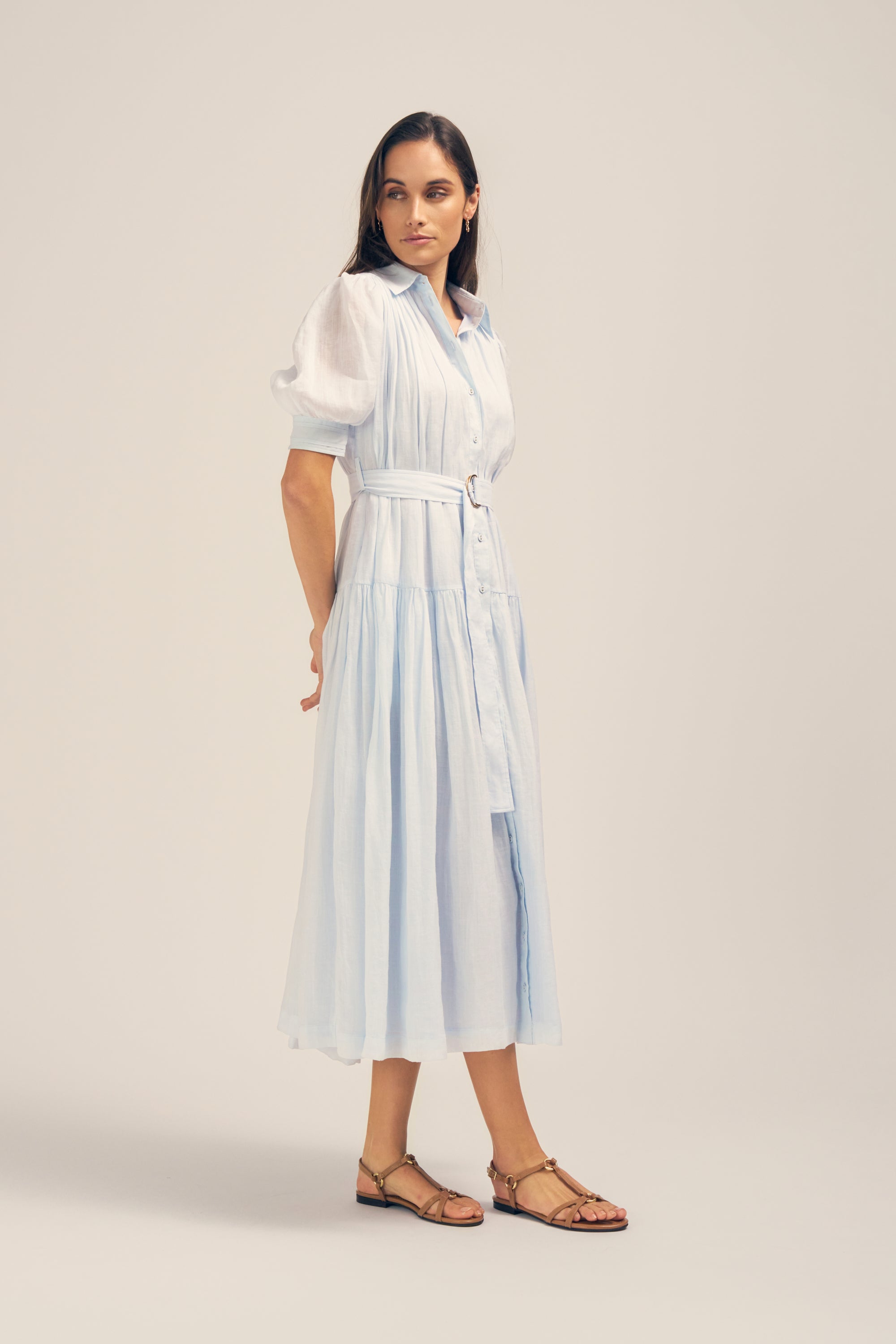 Faye Powder Blue Ramie Midi Shirt Dress Side