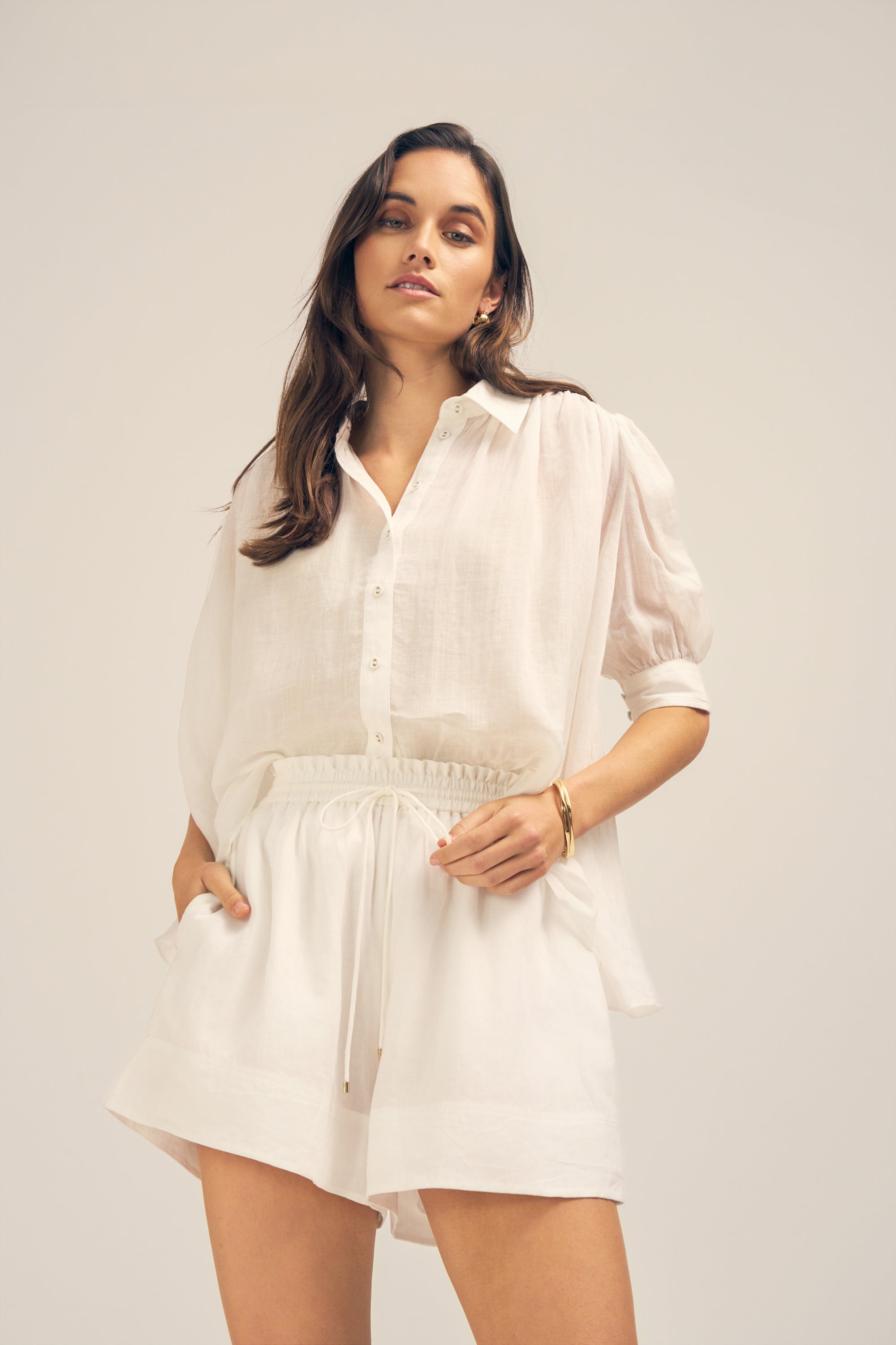 Faye Top and Cordelia Shorts White Ramie Set