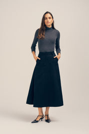 Florence Twill Denim Black Midi Skirt Front