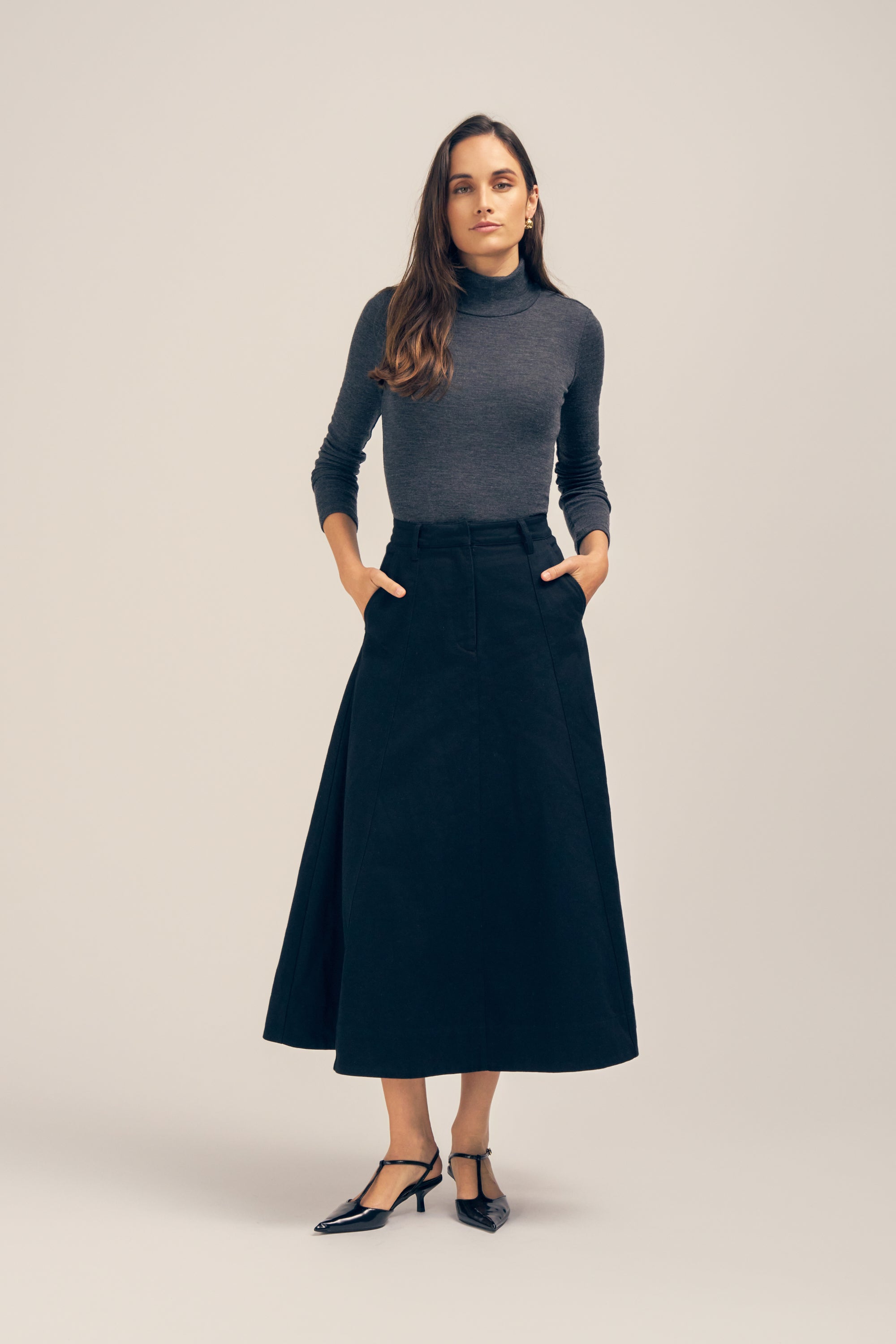 Florence Twill Denim Black Midi Skirt Front