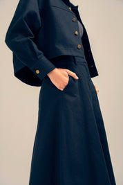 Florence Twill Denim Black Midi Skirt Pocket