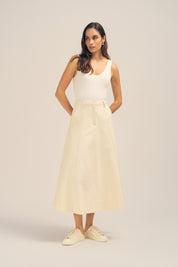 Florence Twill Denim Cream Midi Skirt Front