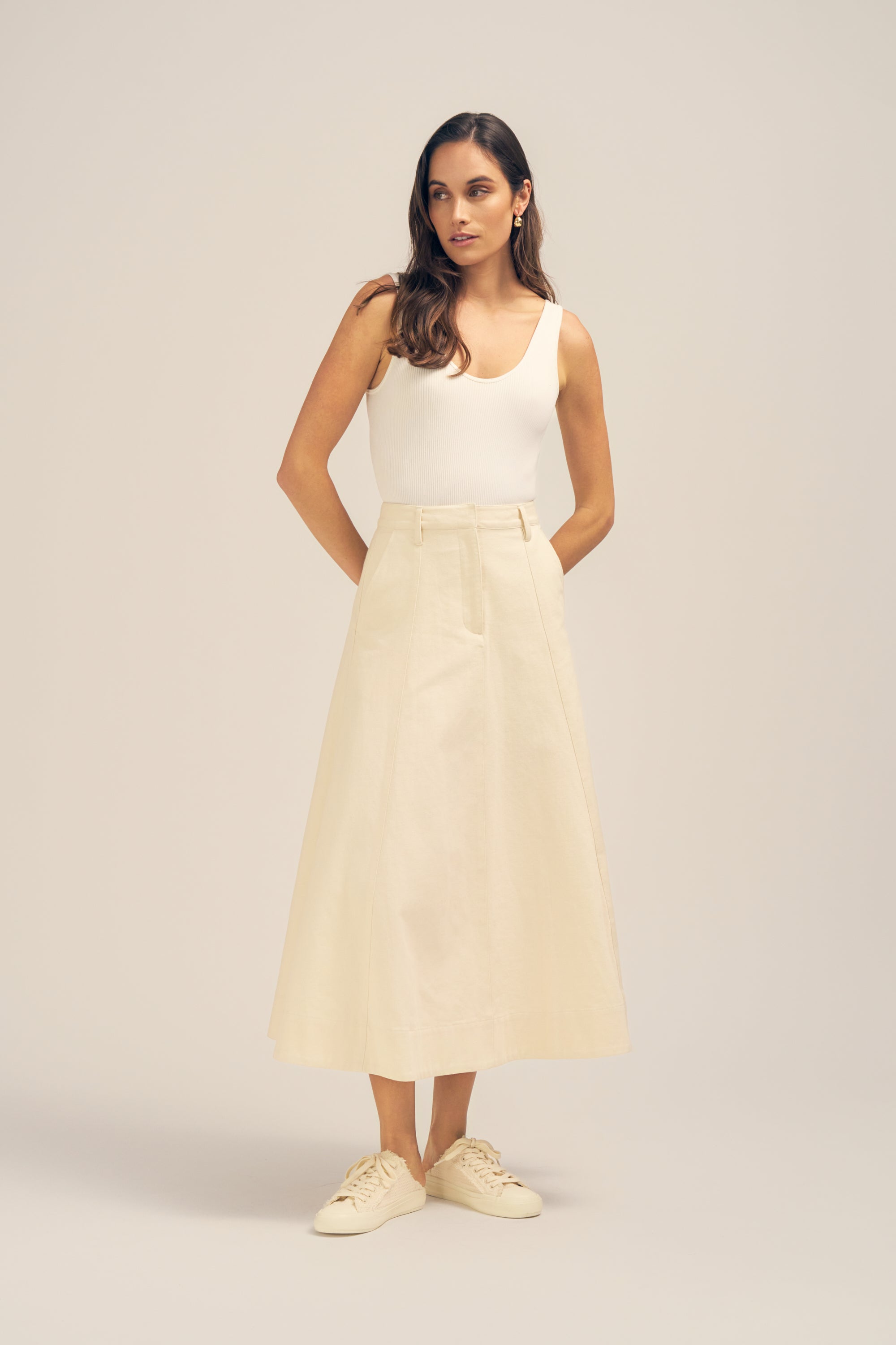 Florence Twill Denim Cream Midi Skirt Front