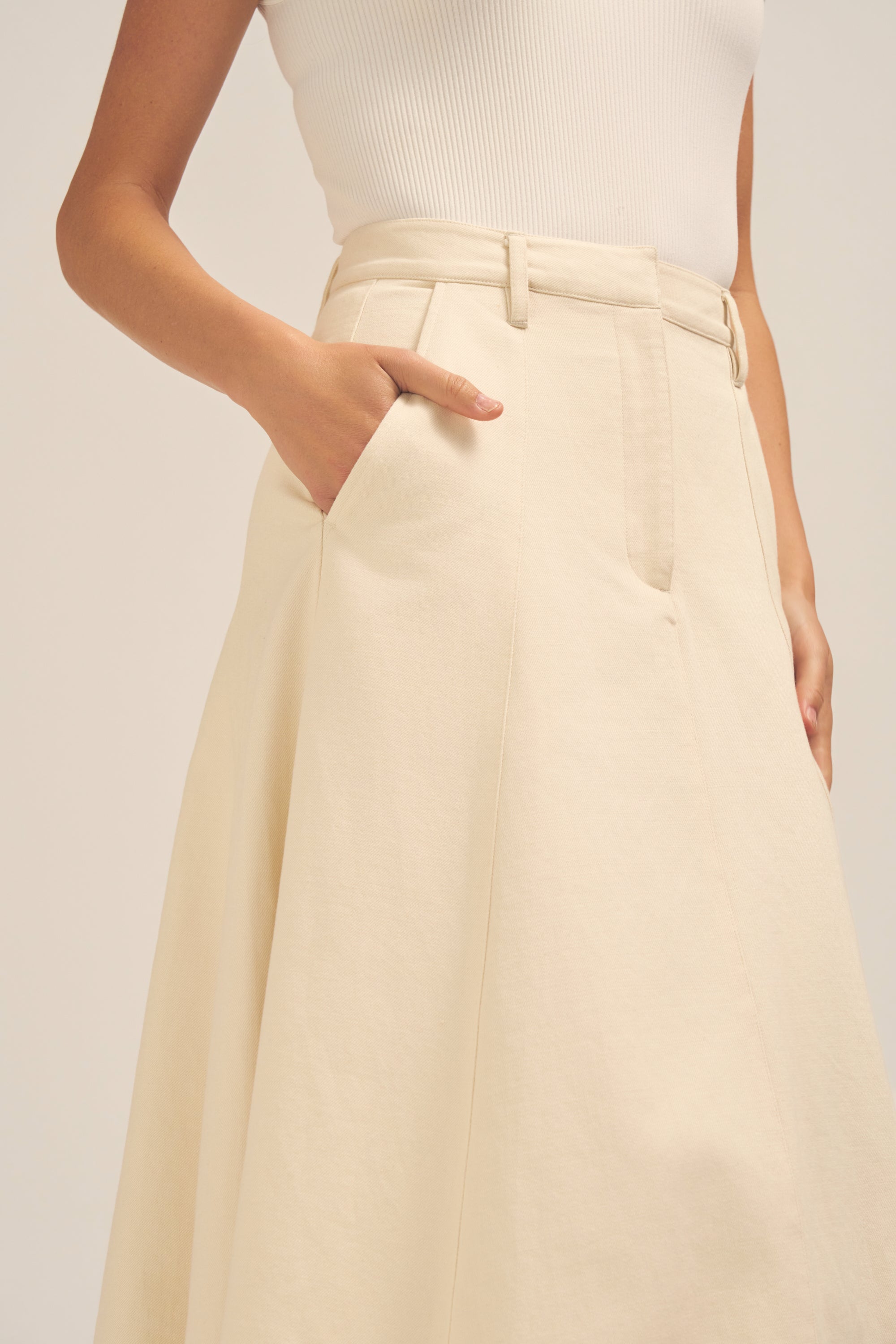 Florence Twill Denim Cream Midi Skirt Pocket