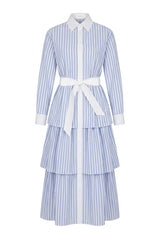 Caprice Petite Tiered Midi Shirt Dress - Fog Blue Stripe