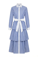 Caprice Petite Tiered Midi Shirt Dress - Blue Stripe