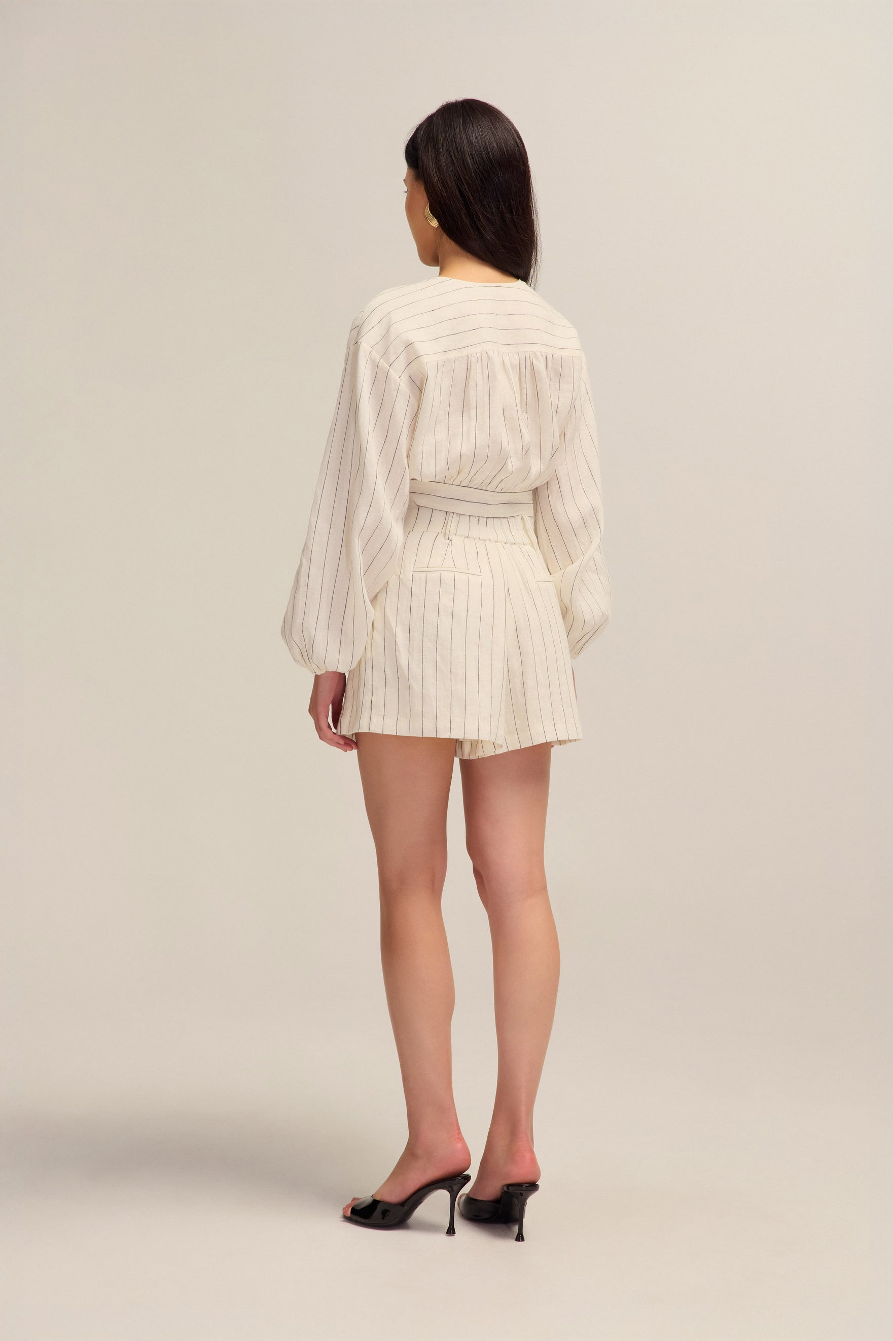 Jovanna Linen White and Black Stripe Top