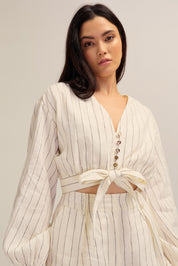 Jovanna Linen White and Black Stripe Top