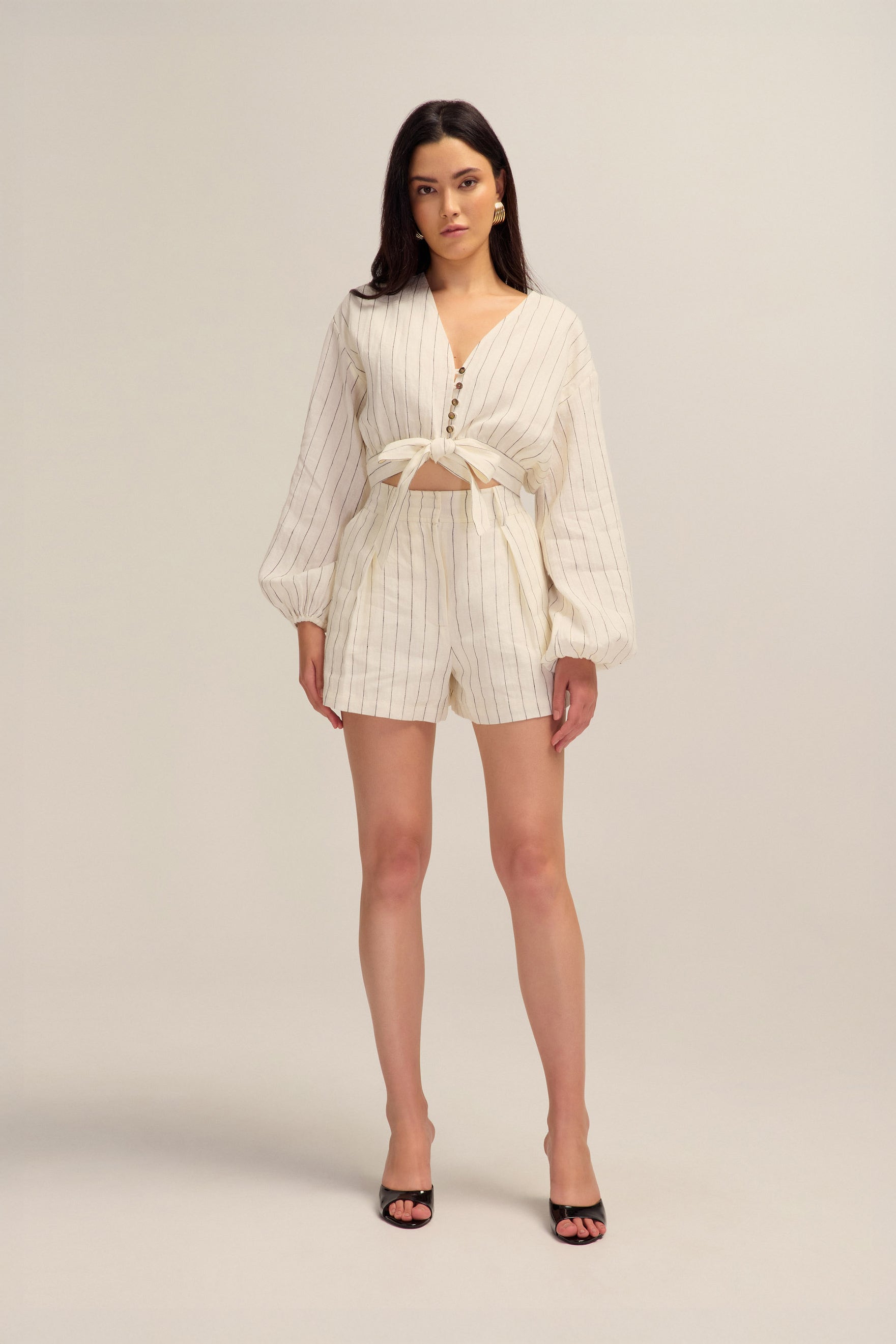 Jovanna Linen White and Black Stripe Top