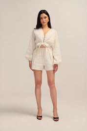 Jovanna Linen White and Black Stripe Top