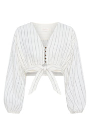 Jovanna Linen White and Black Stripe Top
