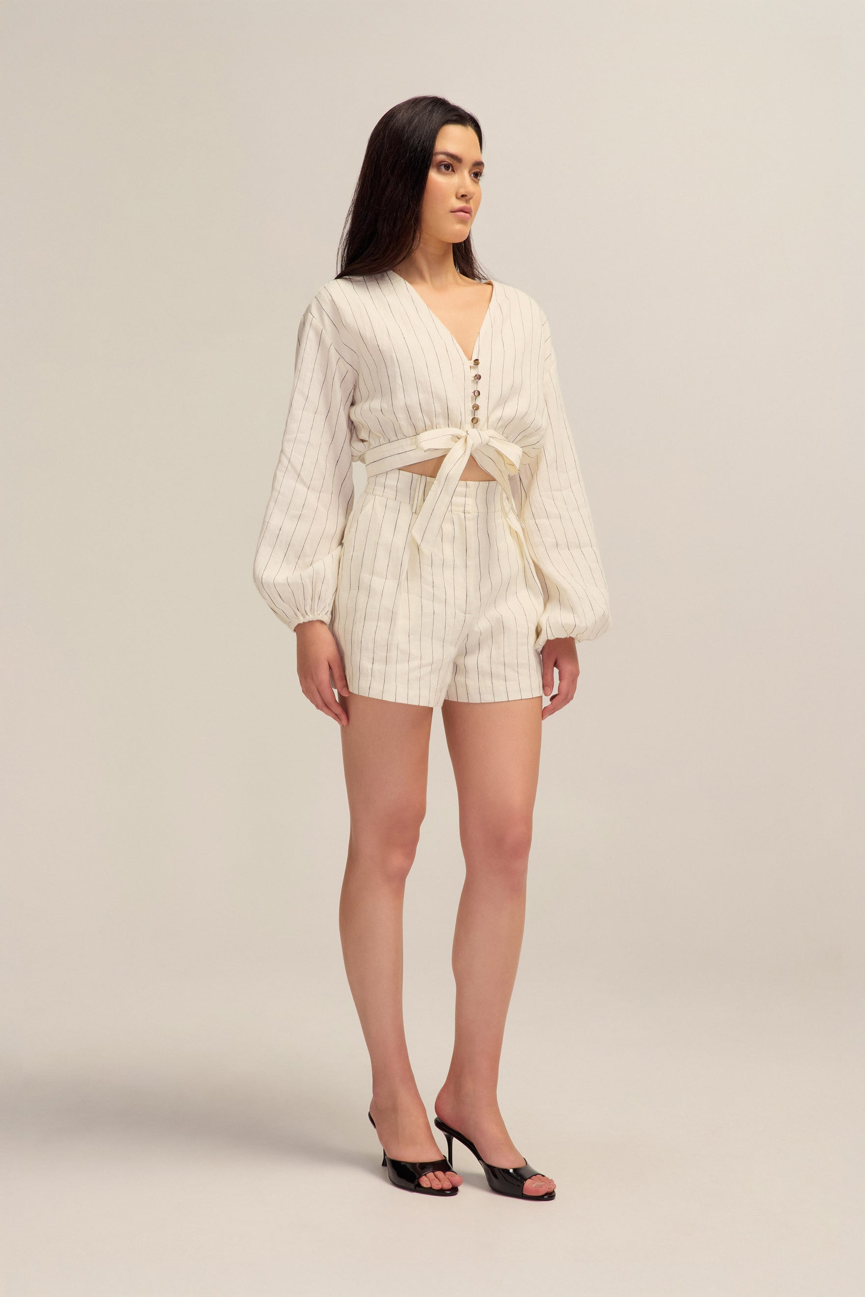 Jovanna Linen White and Black Stripe Top