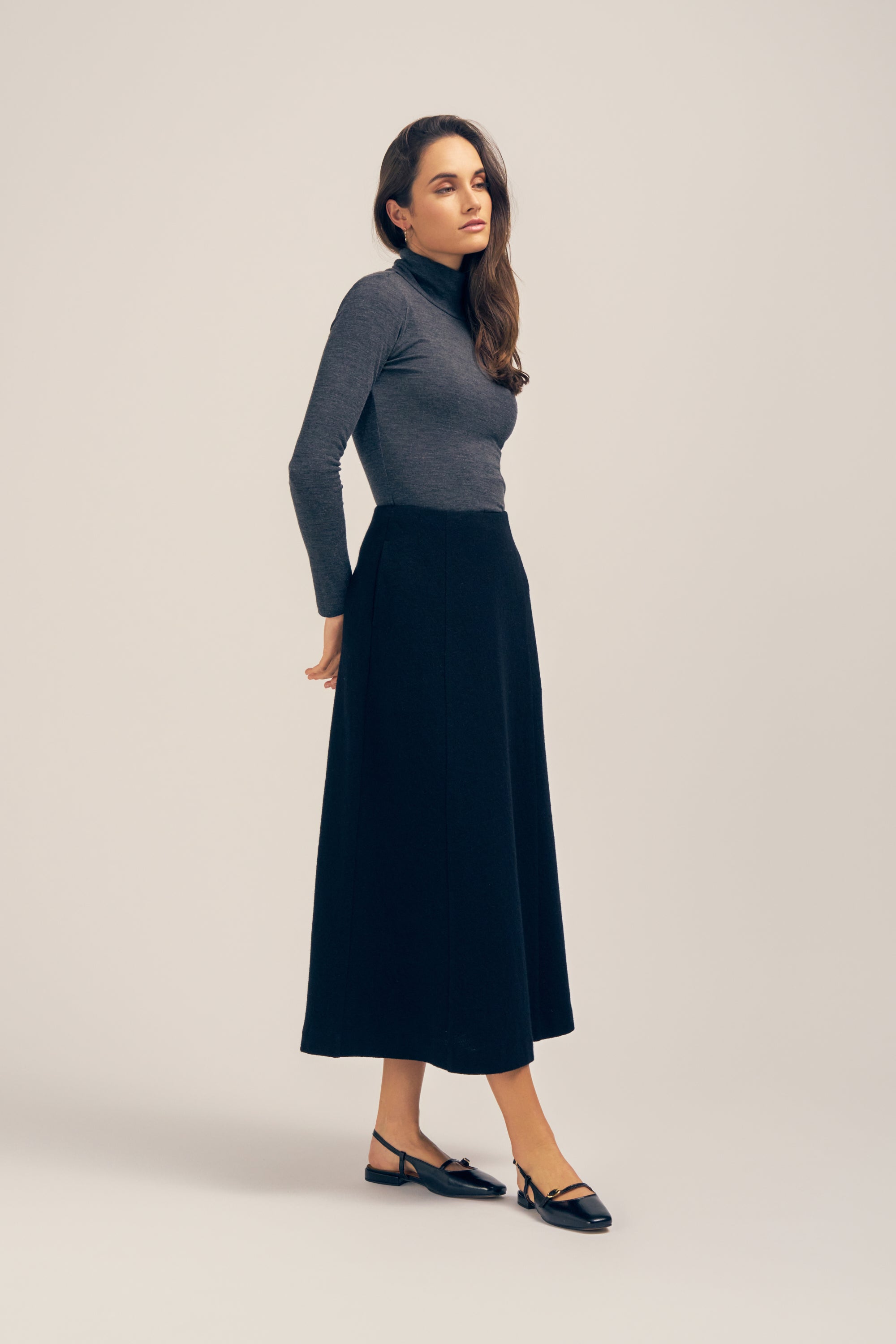 Kallan Merino Wool Turtleneck Top Dark Grey Marle Side