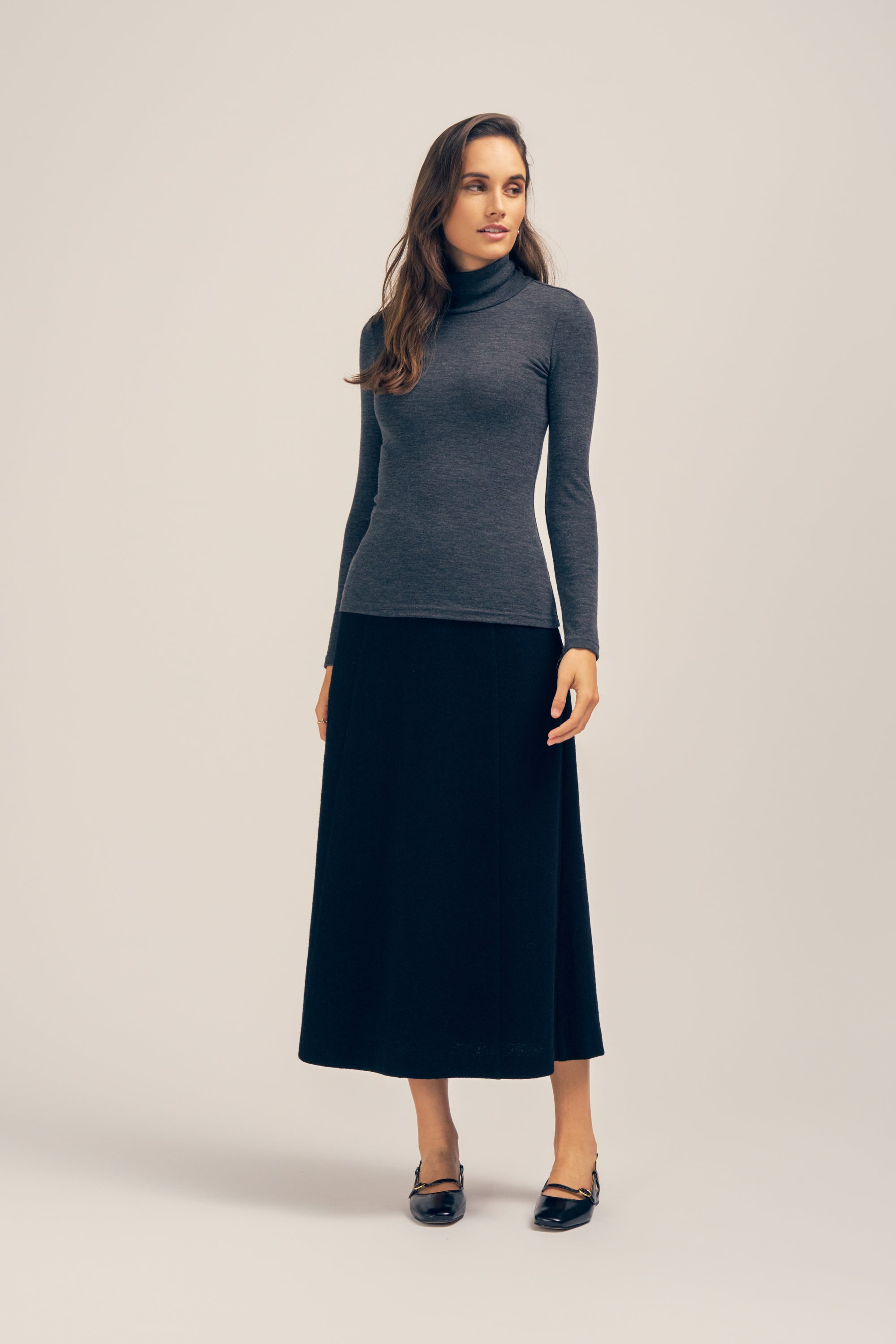 Kallan Merino Wool Turtleneck Top Dark Grey Marle Untucked
