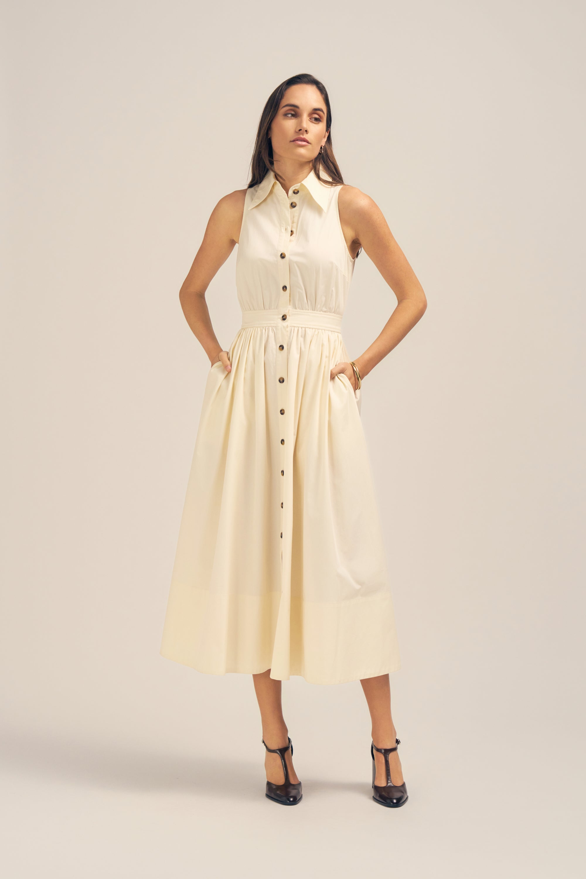 Lillian Cream Cotton Midi Shirt Dress Front