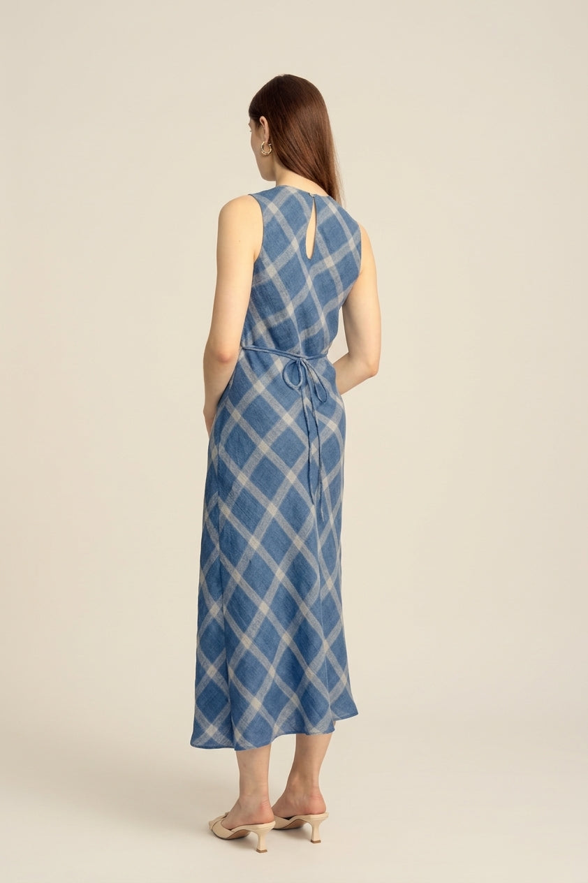 Lumina Linen Midi Dress - Classic Blue Plaid