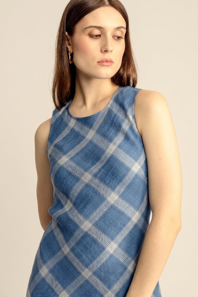 Lumina Linen Midi Dress - Classic Blue Plaid
