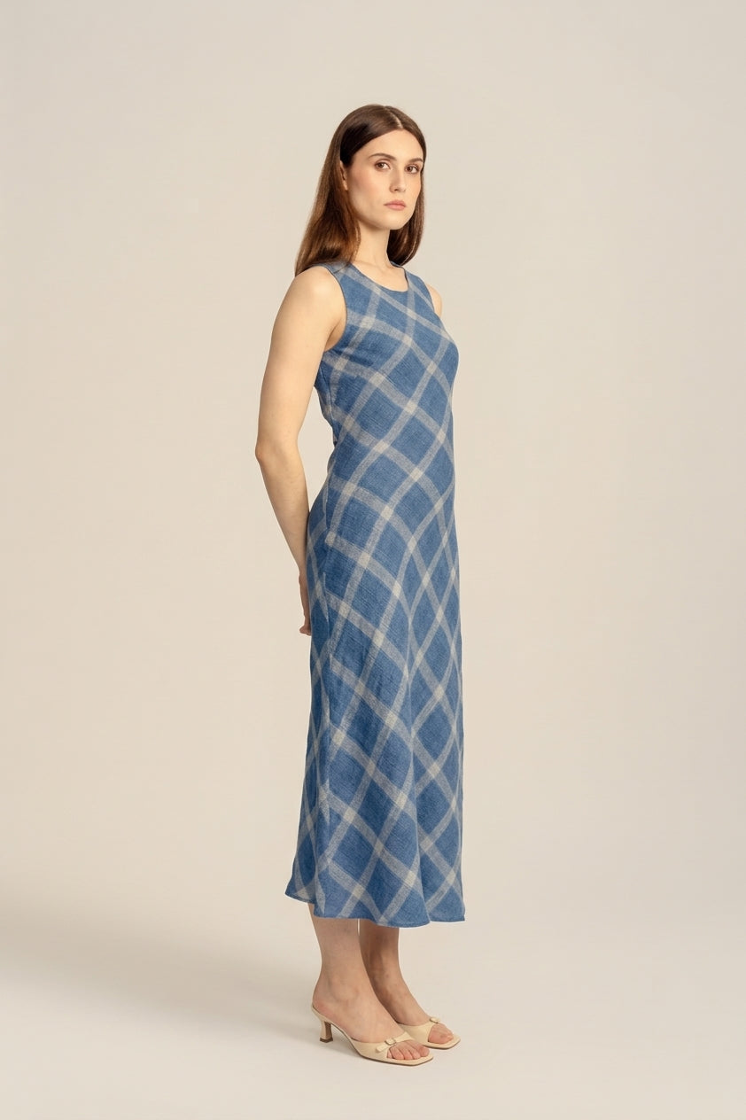 Lumina Linen Midi Dress - Classic Blue Plaid