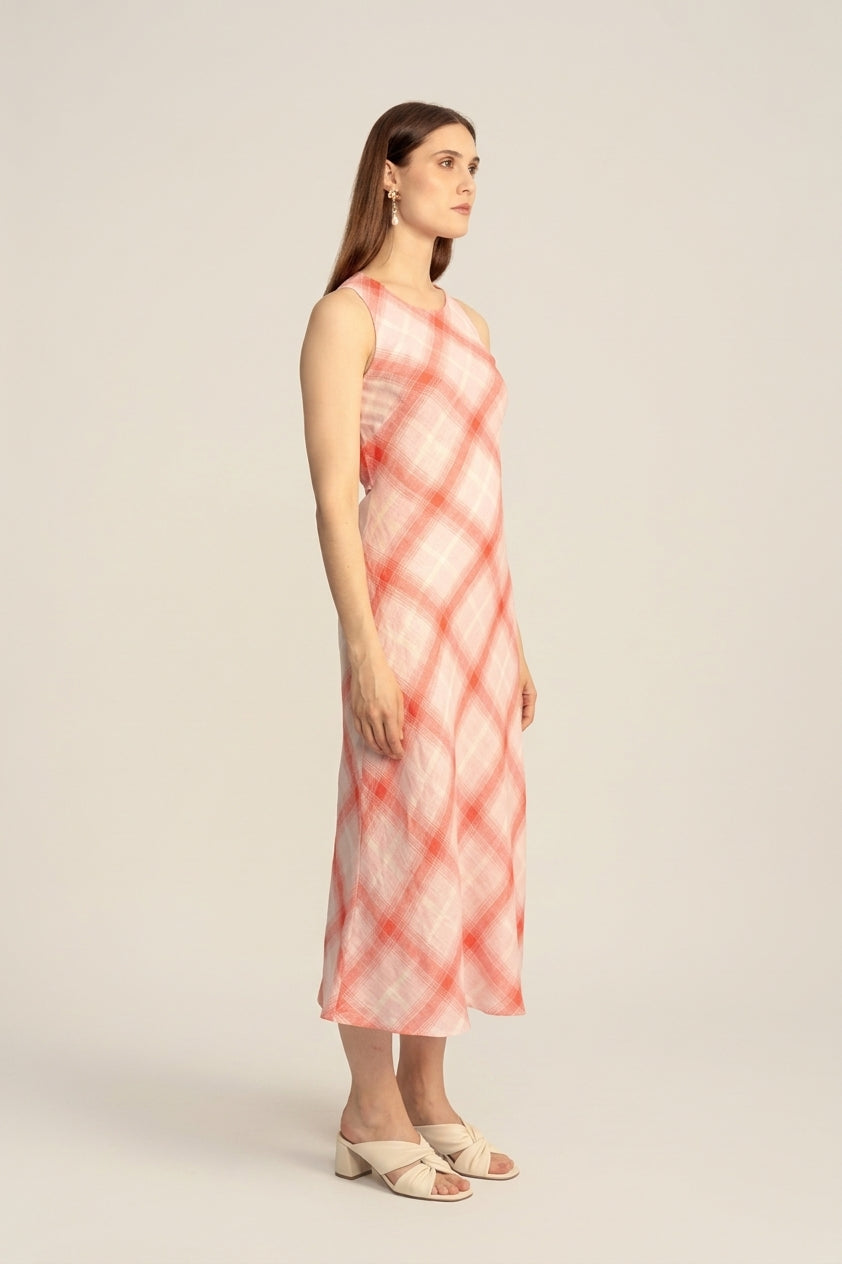 Lumina Linen Midi Dress - Strawberry Plaid