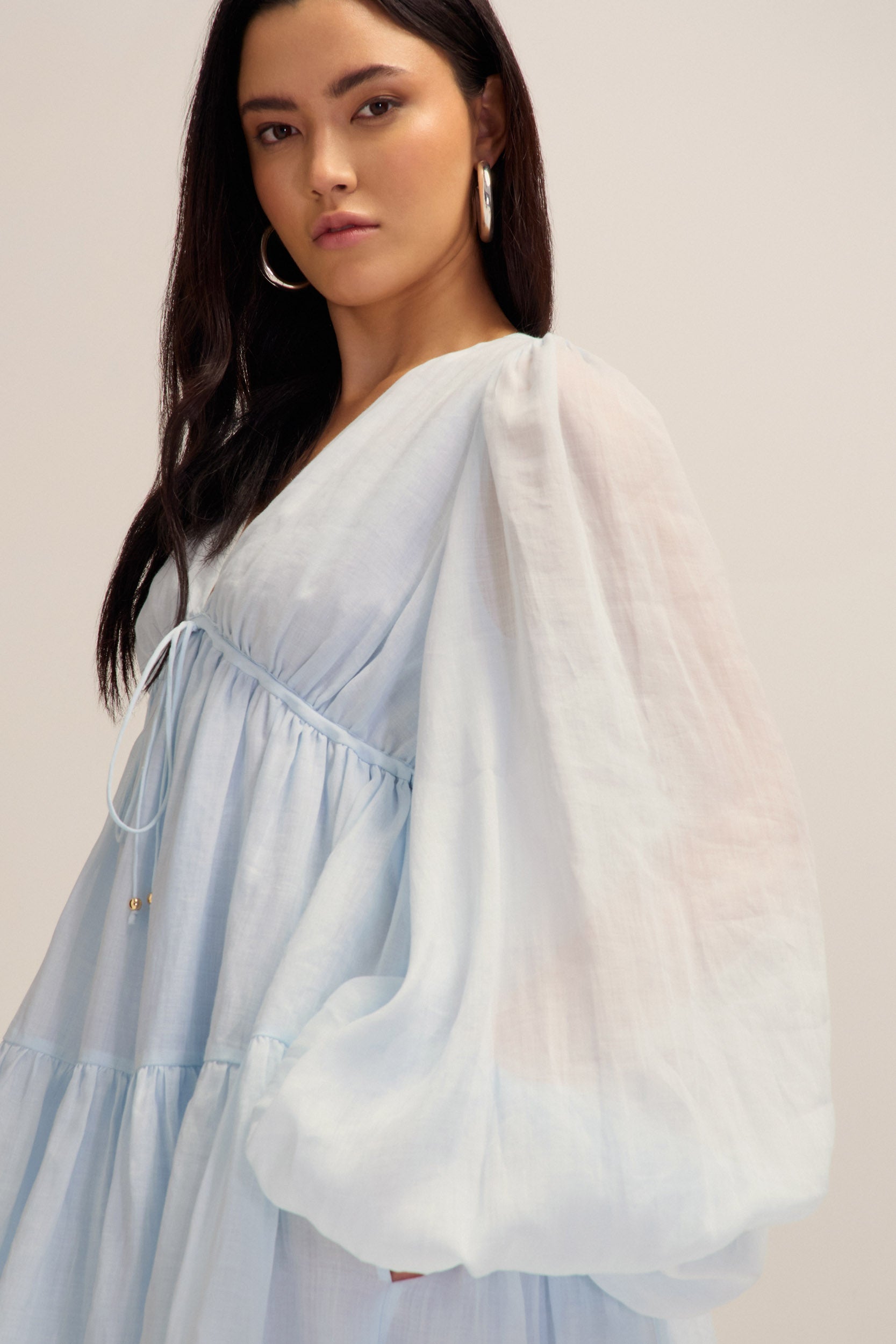 Petal Mini Ramie Light Blue Dress Sleeve