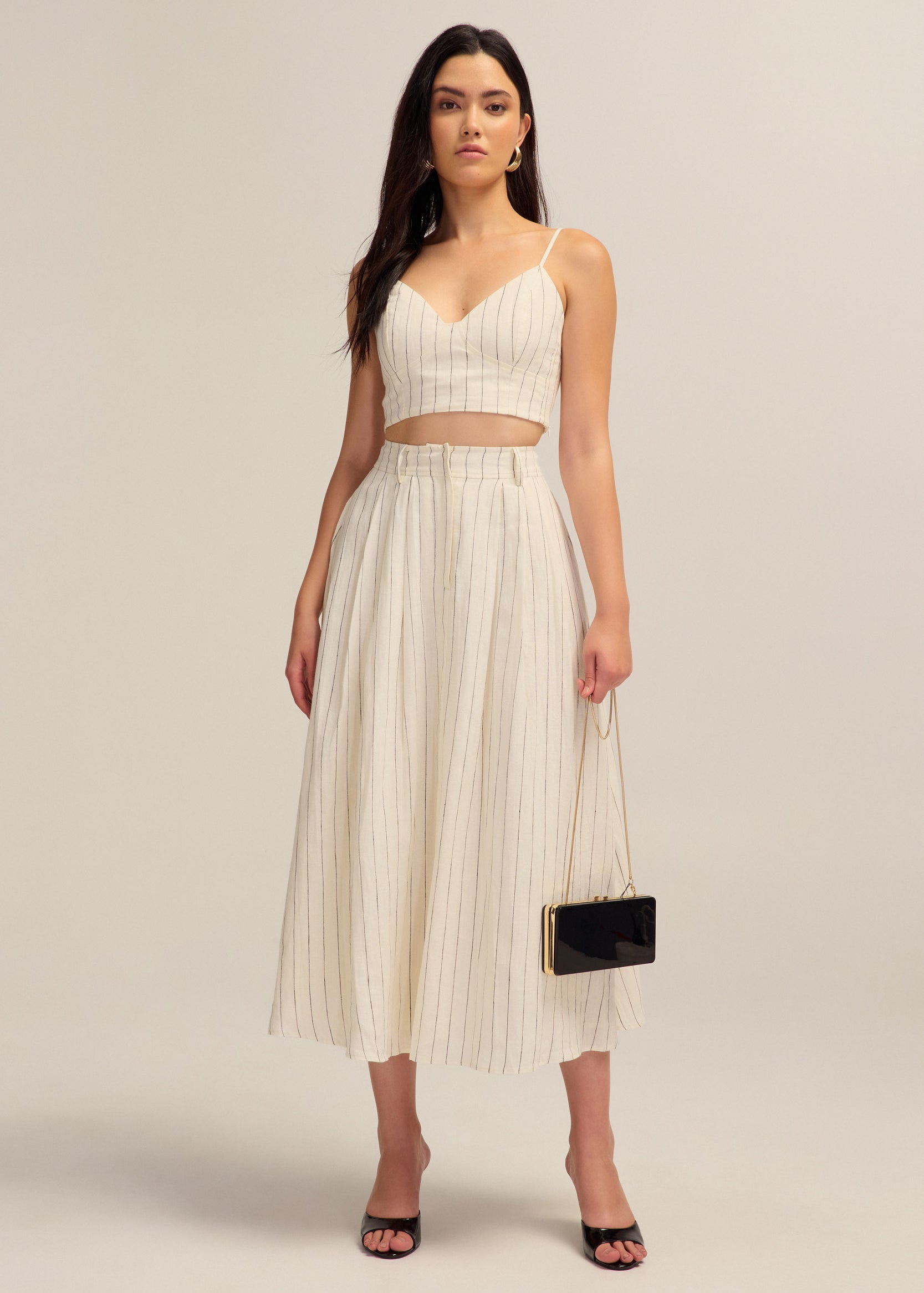 Talia Linen White and Black Stripe Midi Skirt
