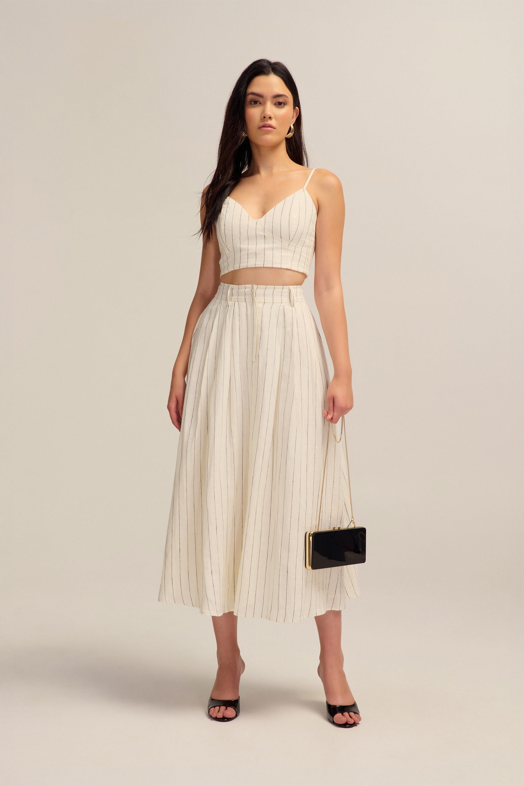 Talia Linen White and Black Stripe Midi Skirt