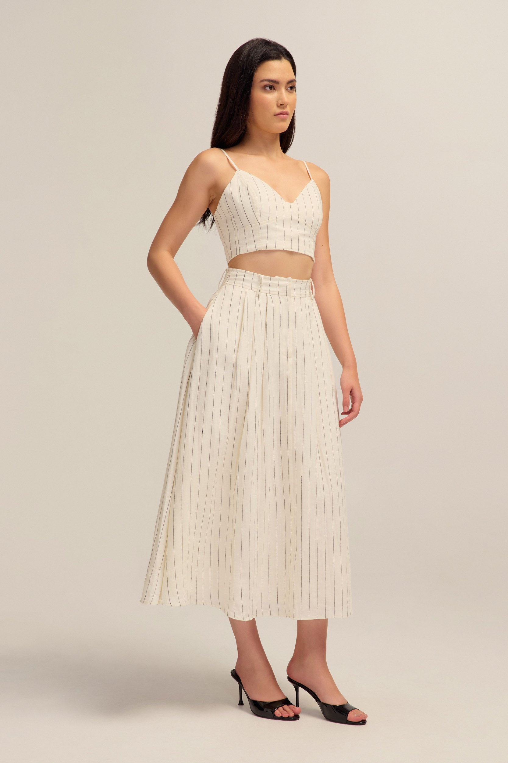 Talia Linen White and Black Stripe Midi Skirt
